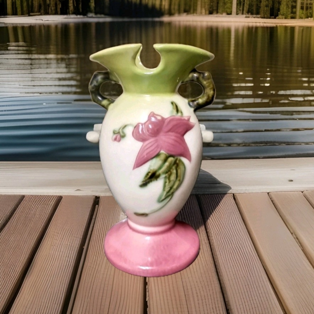 Vintage Hull Pottery Floral Vase W4-6 1/2"  Pink and Green